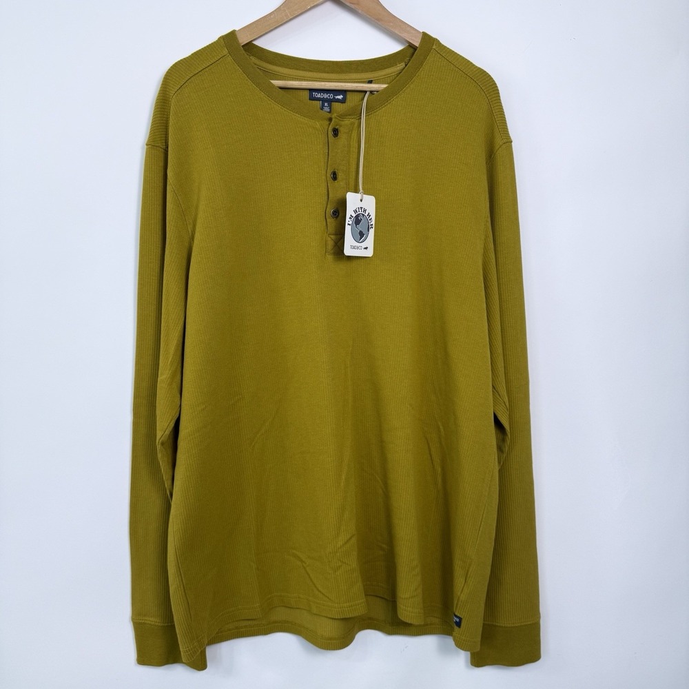 Toad&Co Long Sleeve Ribbed Henley Shirt Mens XL Yellow-Gold Organic Cotton Blend